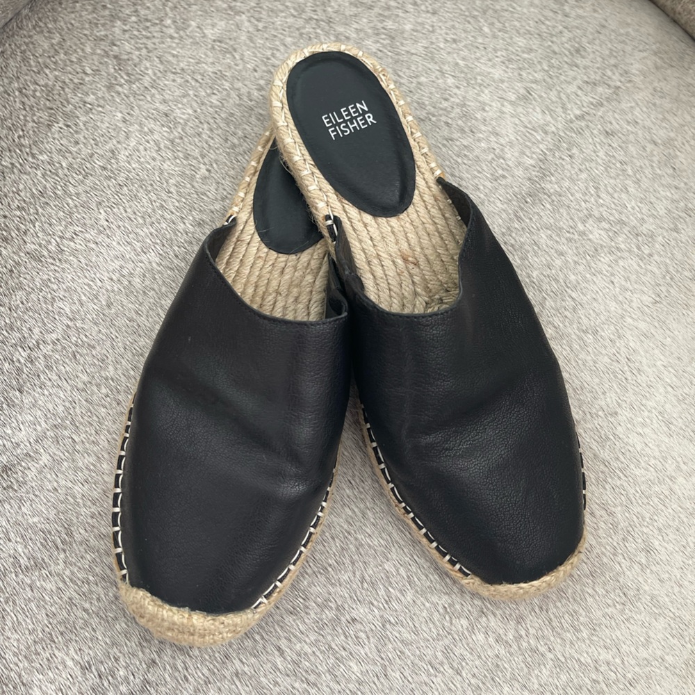 Eileen Fisher Black and Tan Mules with Slip-On Comfort